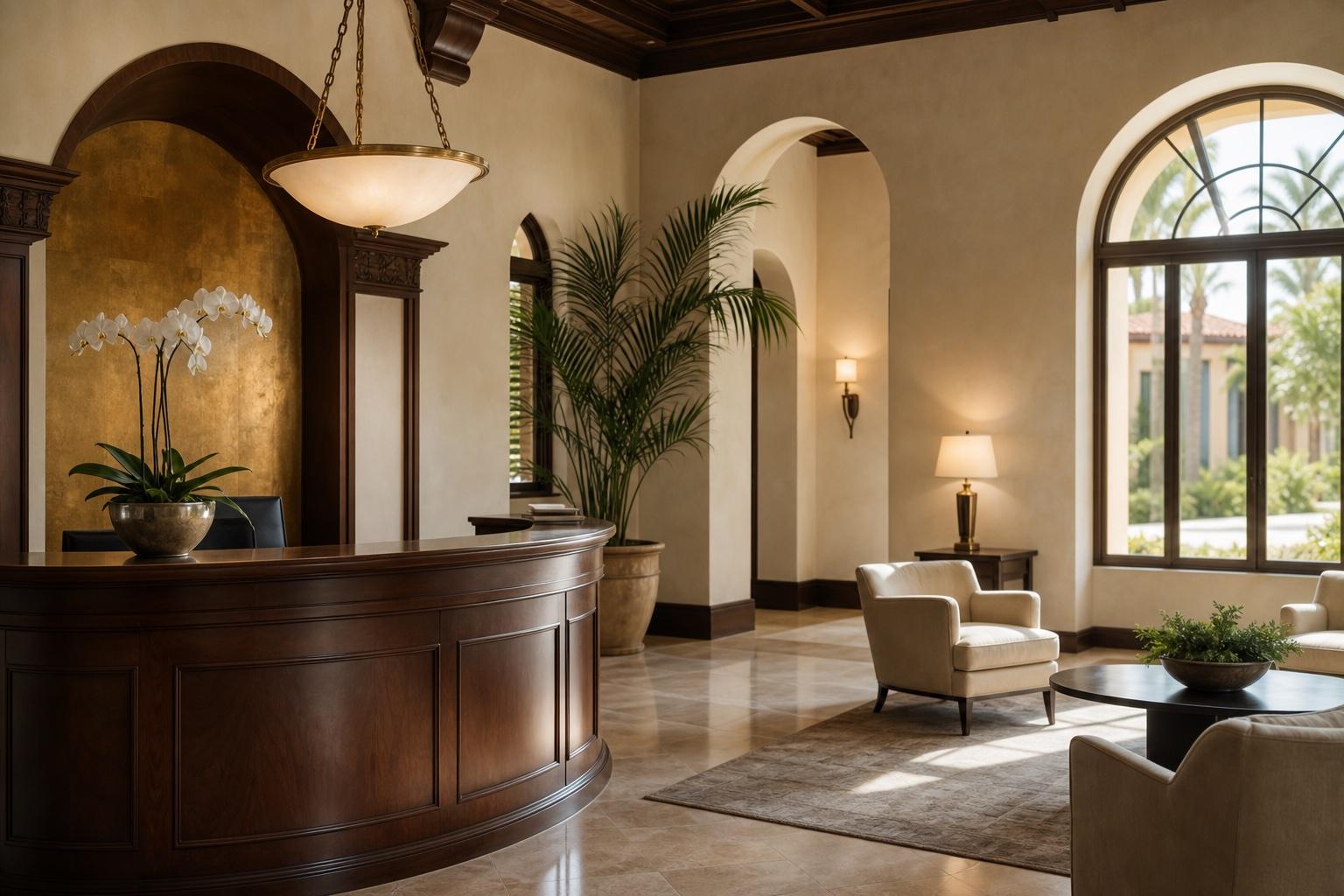The warm, sunlit reception area of RAM Law & Title's Coral Gables office, with a wood reception desk, arched windows, and lounge seating