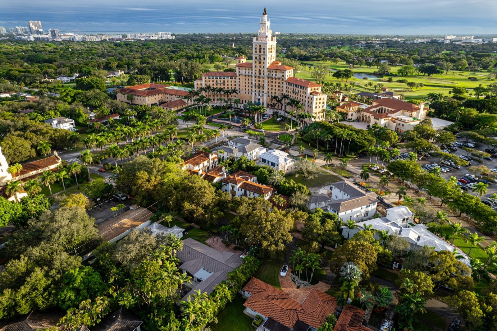 The Biltmore Hotel tower rising above the terracotta rooftops of Coral Gables