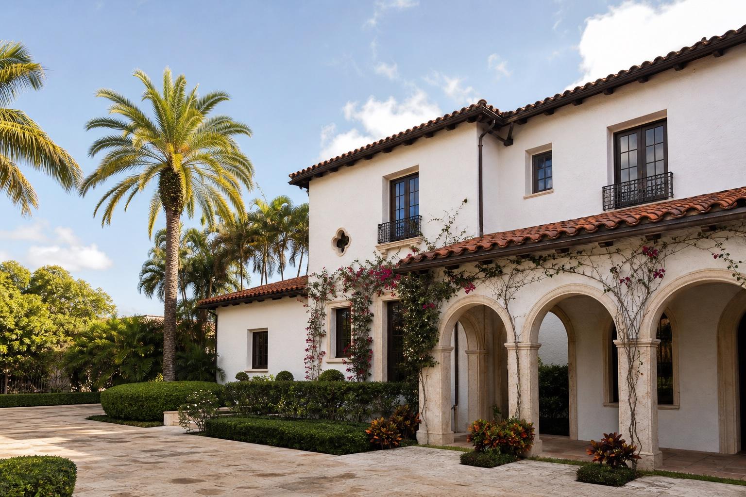 A sunlit Coral Gables building with Mediterranean Revival architecture, an arched colonnade, terracotta roof tiles, and royal palms